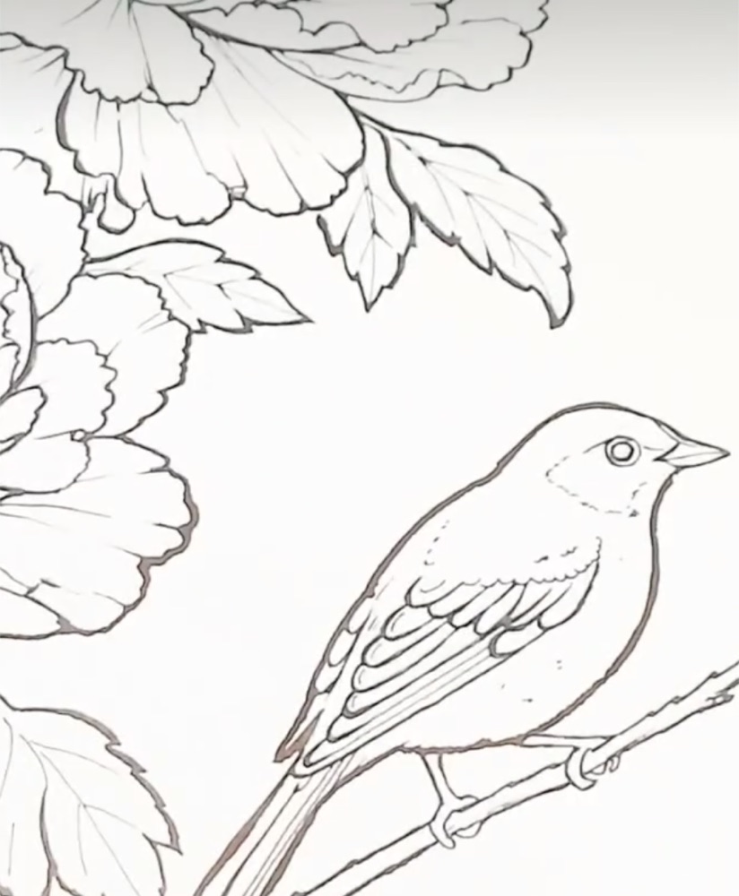 A sparrow among peonies — coloring page detail