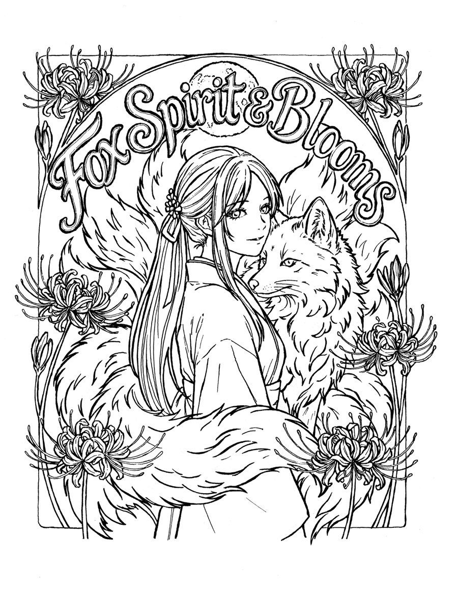 Fox Spirit & Blooms — hand-drawn cover line art