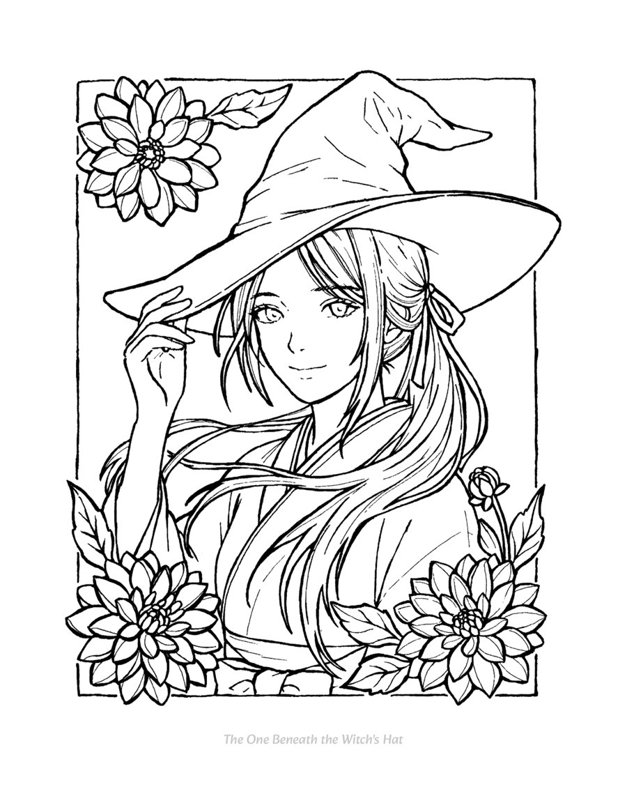 A shrine maiden tipping a witch's hat among dahlias — hand-drawn coloring page from Fox Spirit & Blooms