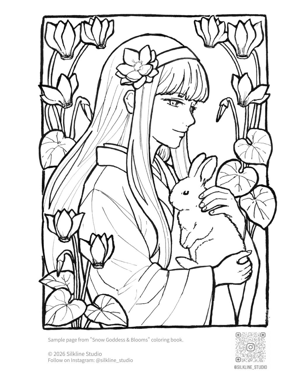 Snow Goddess & Bunny — coloring page